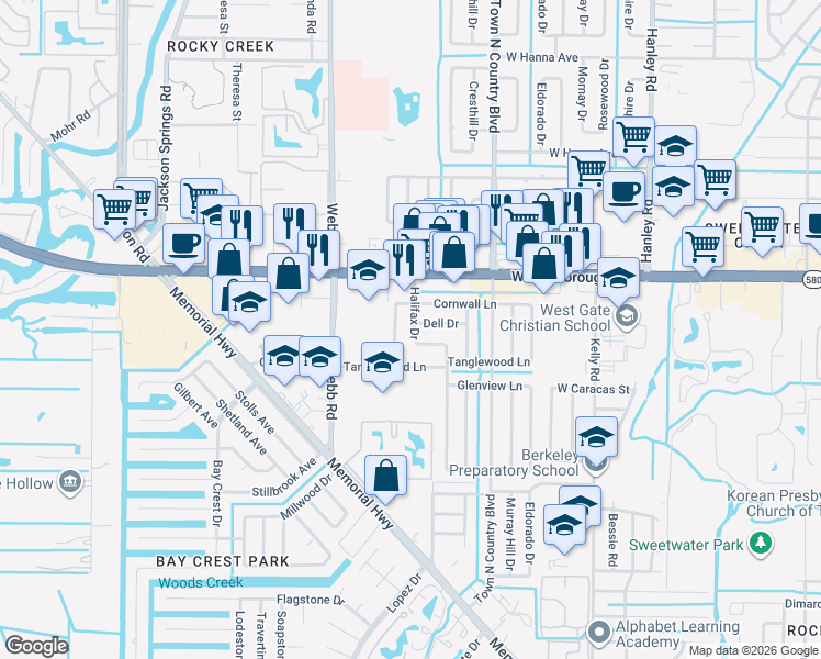 map of restaurants, bars, coffee shops, grocery stores, and more near 5124 Halifax Drive in Tampa