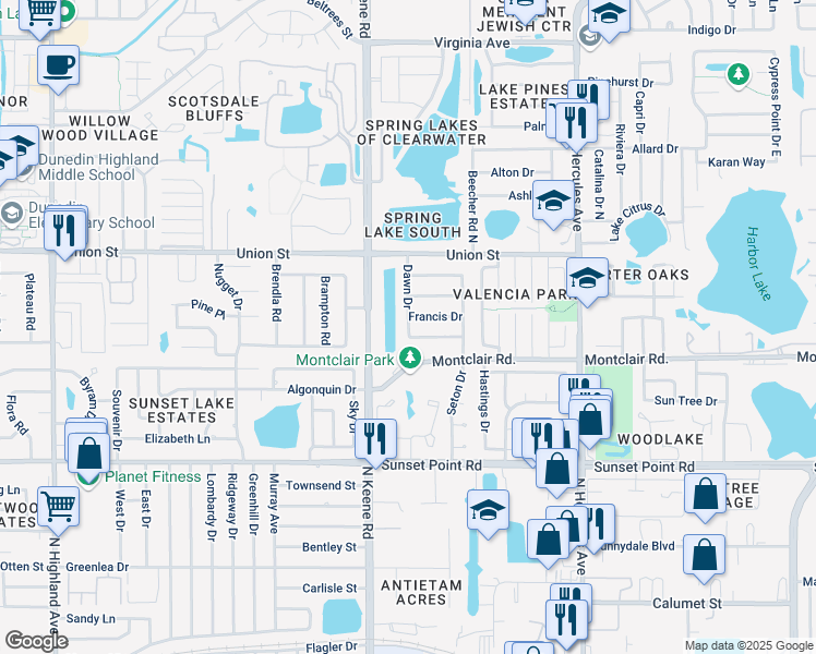 map of restaurants, bars, coffee shops, grocery stores, and more near 1838 Dawn Drive in Clearwater