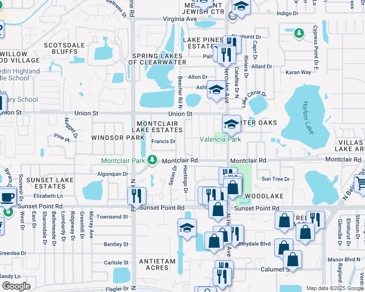 map of restaurants, bars, coffee shops, grocery stores, and more near 2048 Los Lomas Drive in Clearwater
