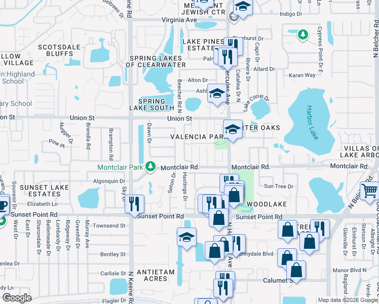 map of restaurants, bars, coffee shops, grocery stores, and more near 2044 Loma Linda Way North in Clearwater