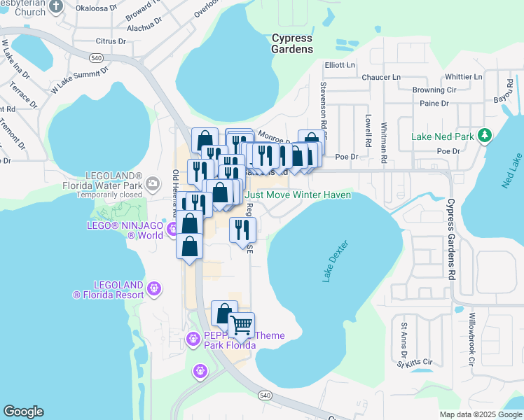 map of restaurants, bars, coffee shops, grocery stores, and more near 715 Lake Dexter Circle in Winter Haven