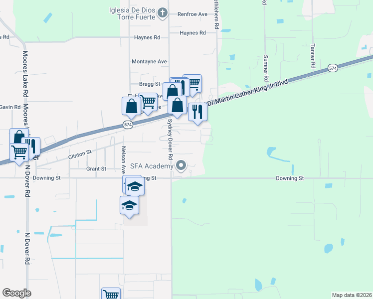 map of restaurants, bars, coffee shops, grocery stores, and more near 3149 Sydney Dover Road in Dover