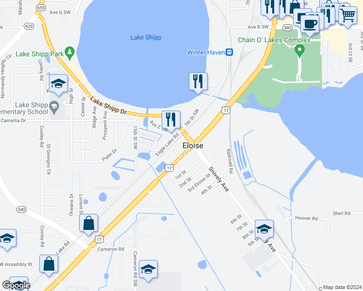 map of restaurants, bars, coffee shops, grocery stores, and more near 124 1st Eloise Avenue in Winter Haven