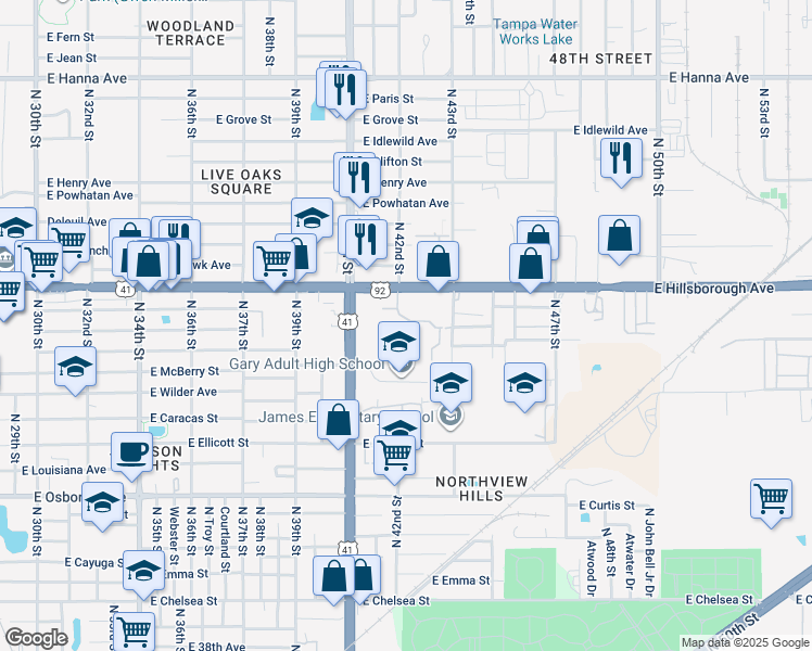map of restaurants, bars, coffee shops, grocery stores, and more near 4121 Royal Banyan Drive in Tampa