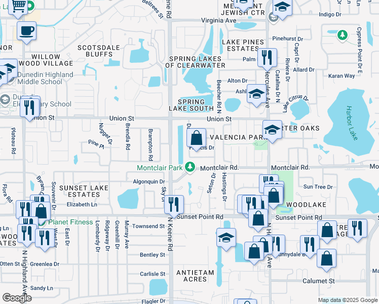 map of restaurants, bars, coffee shops, grocery stores, and more near 1838 Dawn Drive in Clearwater