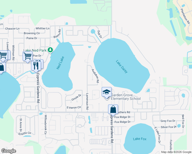 map of restaurants, bars, coffee shops, grocery stores, and more near 123 Audubon Road in Winter Haven