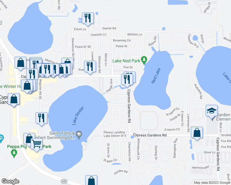 map of restaurants, bars, coffee shops, grocery stores, and more near 1434 Grand Cayman Circle in Winter Haven