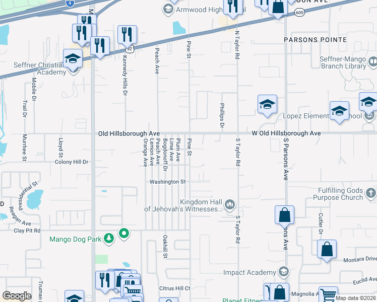 map of restaurants, bars, coffee shops, grocery stores, and more near 5320 Pine Street in Seffner
