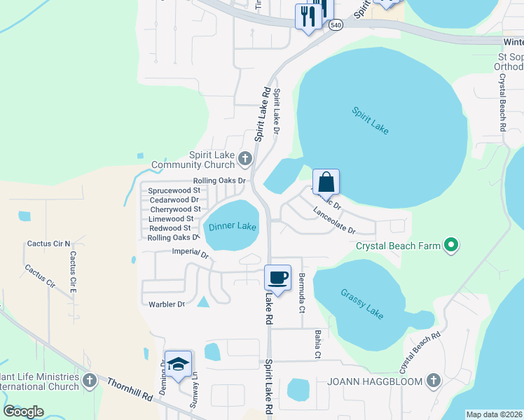 map of restaurants, bars, coffee shops, grocery stores, and more near 3145 Spirit Lake Road in Winter Haven