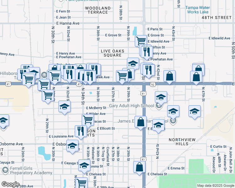map of restaurants, bars, coffee shops, grocery stores, and more near 5315 North 37th Street in Tampa