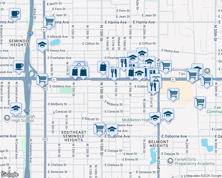 map of restaurants, bars, coffee shops, grocery stores, and more near 1518 East Frierson Avenue in Tampa