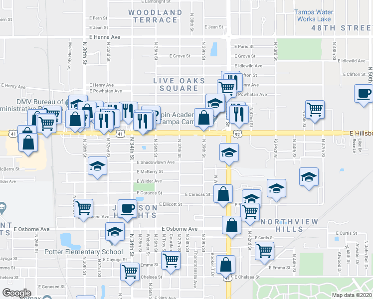 map of restaurants, bars, coffee shops, grocery stores, and more near 5315 North 37th Street in Tampa