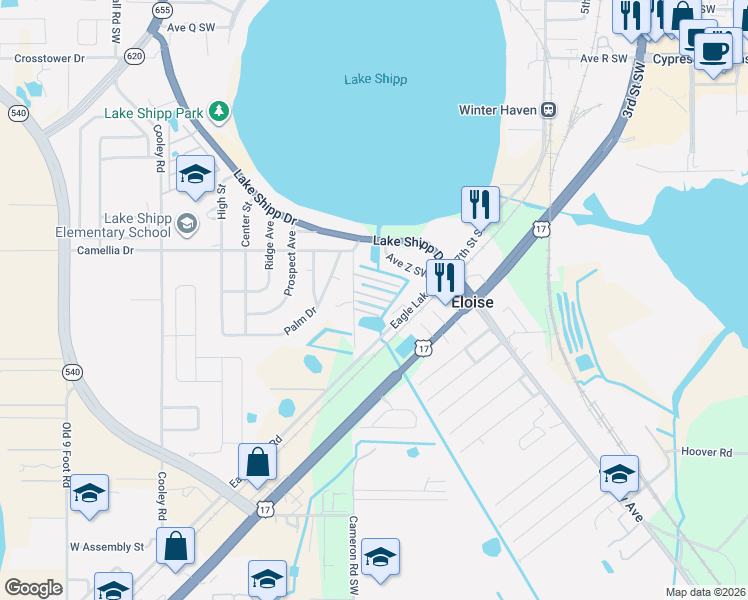 map of restaurants, bars, coffee shops, grocery stores, and more near 66 Kent Drive Southwest in Winter Haven
