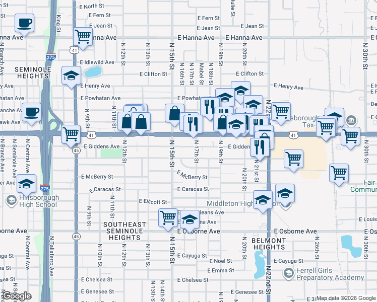 map of restaurants, bars, coffee shops, grocery stores, and more near 1518 East Frierson Avenue in Tampa