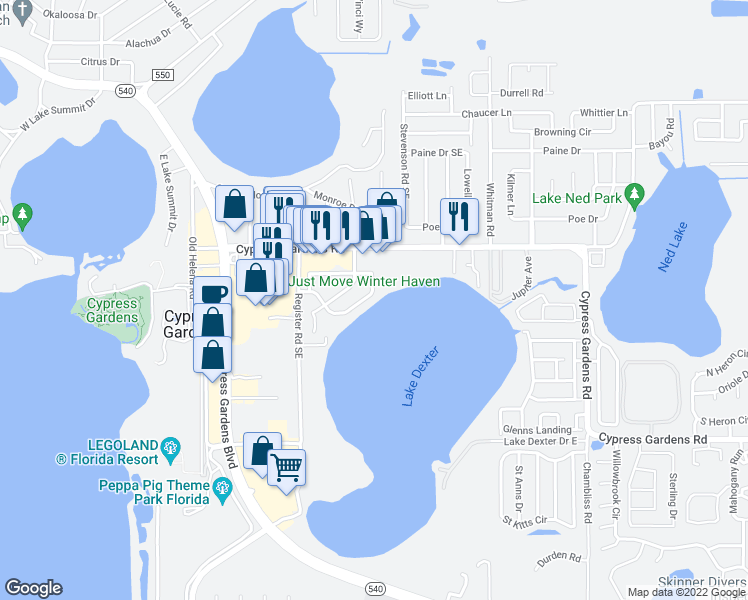 map of restaurants, bars, coffee shops, grocery stores, and more near 679 Lake Dexter Circle in Winter Haven