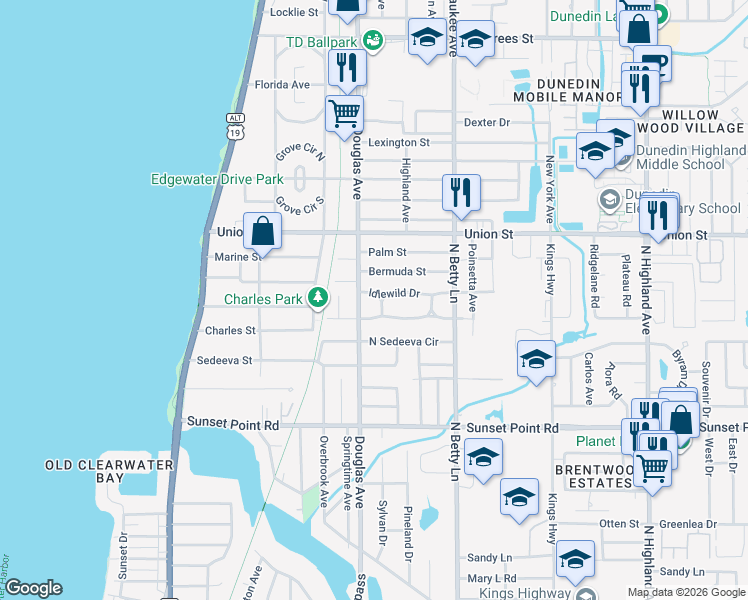 map of restaurants, bars, coffee shops, grocery stores, and more near 1232 Woodlawn Terrace in Clearwater