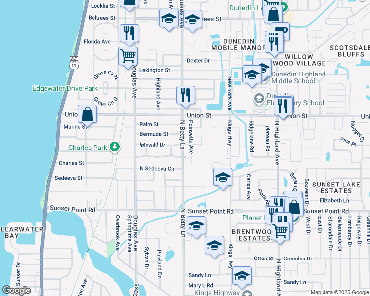 map of restaurants, bars, coffee shops, grocery stores, and more near 2031 North Betty Lane in Clearwater