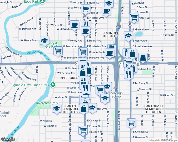 map of restaurants, bars, coffee shops, grocery stores, and more near 5208 North Suwanee Avenue in Tampa