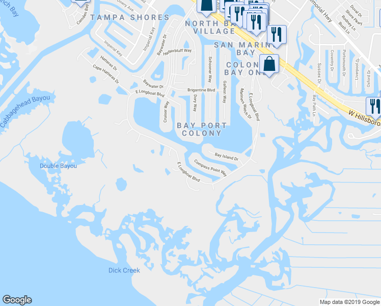 map of restaurants, bars, coffee shops, grocery stores, and more near 9823 Compass Point Way in Tampa