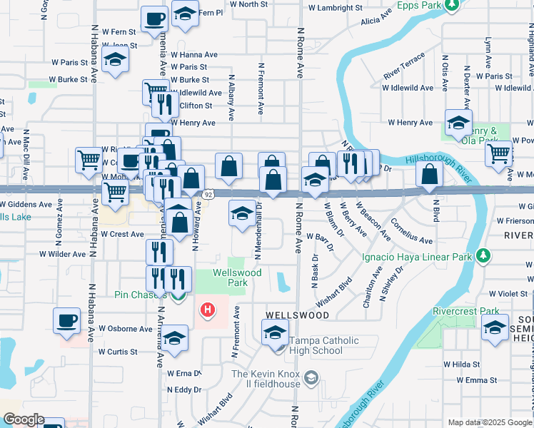 map of restaurants, bars, coffee shops, grocery stores, and more near 1706 North Alexander Road in Tampa
