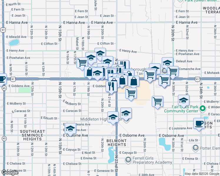 map of restaurants, bars, coffee shops, grocery stores, and more near 2104 East Frierson Avenue in Tampa