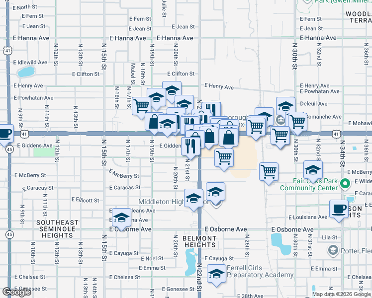 map of restaurants, bars, coffee shops, grocery stores, and more near 2104 East Frierson Avenue in Tampa