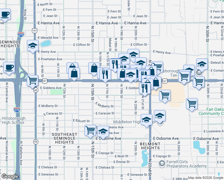 map of restaurants, bars, coffee shops, grocery stores, and more near 1712 East Frierson Avenue in Tampa