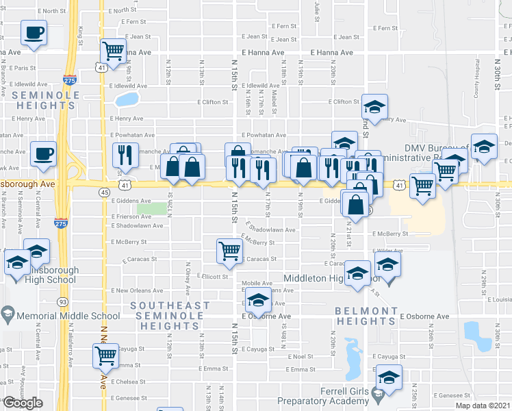 map of restaurants, bars, coffee shops, grocery stores, and more near 1518 East Frierson Avenue in Tampa