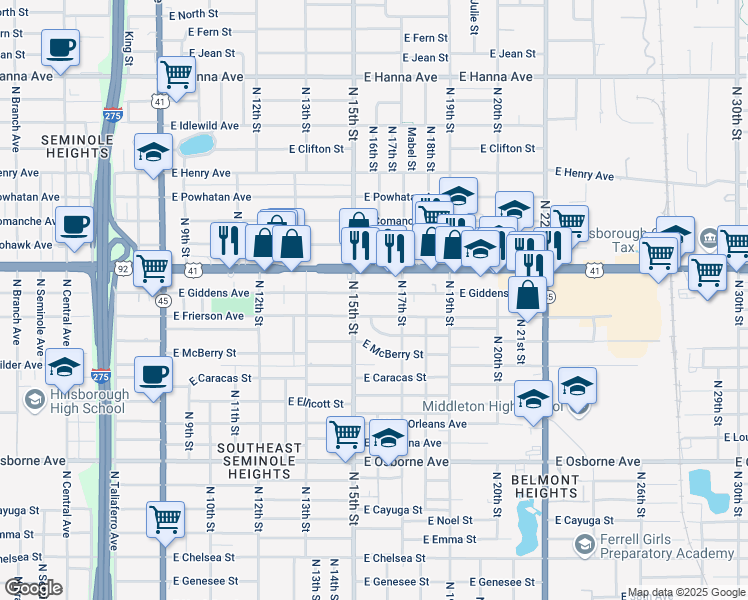 map of restaurants, bars, coffee shops, grocery stores, and more near 1518 East Frierson Avenue in Tampa