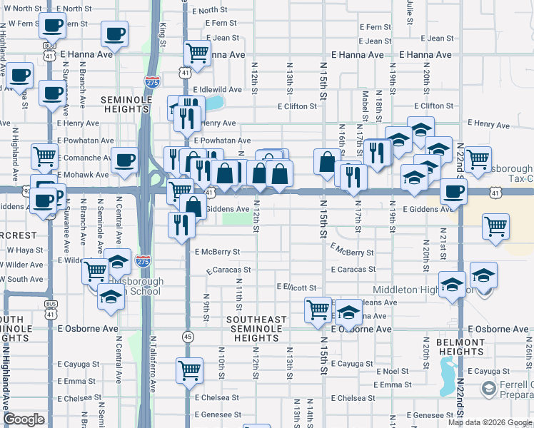 map of restaurants, bars, coffee shops, grocery stores, and more near 1212 East Frierson Avenue in Tampa