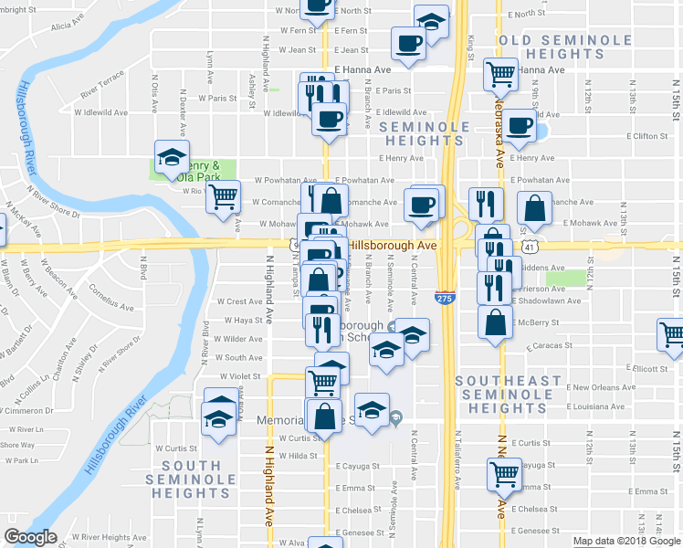 map of restaurants, bars, coffee shops, grocery stores, and more near 206 East Frierson Avenue in Tampa