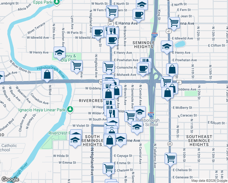 map of restaurants, bars, coffee shops, grocery stores, and more near in Tampa