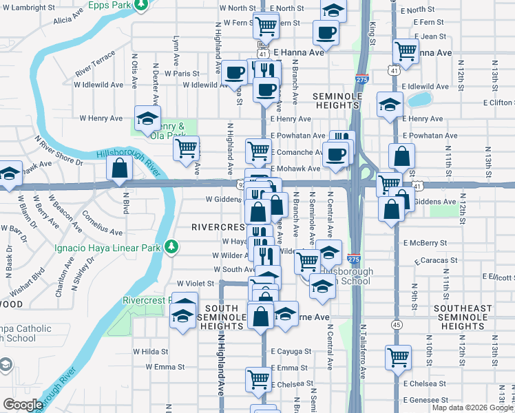 map of restaurants, bars, coffee shops, grocery stores, and more near in Tampa