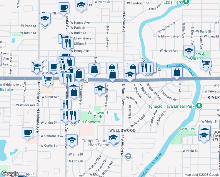 map of restaurants, bars, coffee shops, grocery stores, and more near 1706 North Alexander Road in Tampa
