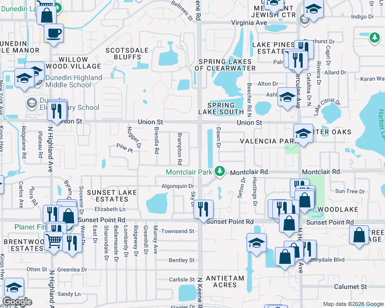map of restaurants, bars, coffee shops, grocery stores, and more near 2022 Dunston Cove Road in Clearwater