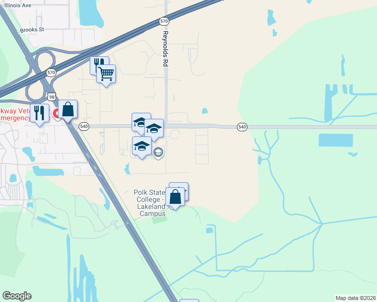 map of restaurants, bars, coffee shops, grocery stores, and more near 3700 Reynolds Road in Lakeland