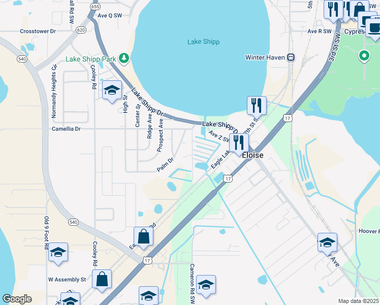 map of restaurants, bars, coffee shops, grocery stores, and more near 2024 15th Street Southwest in Winter Haven