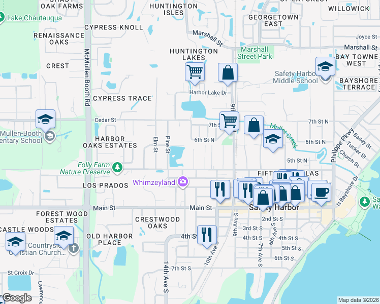 map of restaurants, bars, coffee shops, grocery stores, and more near 933 Woodbridge Court in Safety Harbor