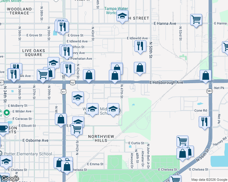 map of restaurants, bars, coffee shops, grocery stores, and more near 4505 East Frierson Avenue in Tampa