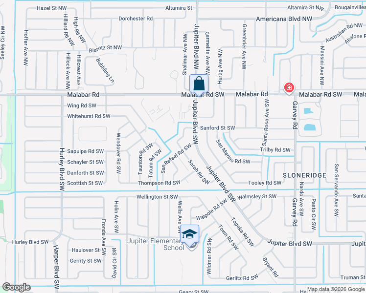 map of restaurants, bars, coffee shops, grocery stores, and more near 937 San Rafael Road Southwest in Palm Bay