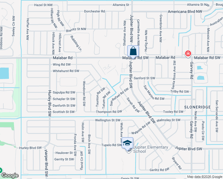 map of restaurants, bars, coffee shops, grocery stores, and more near 251 Tatum Road Southwest in Palm Bay