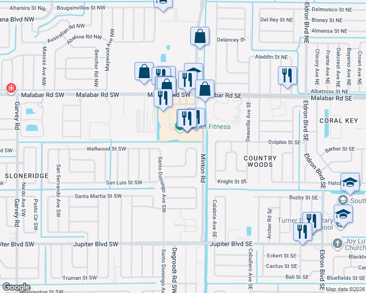 map of restaurants, bars, coffee shops, grocery stores, and more near 224 Wilton Avenue Southwest in Palm Bay