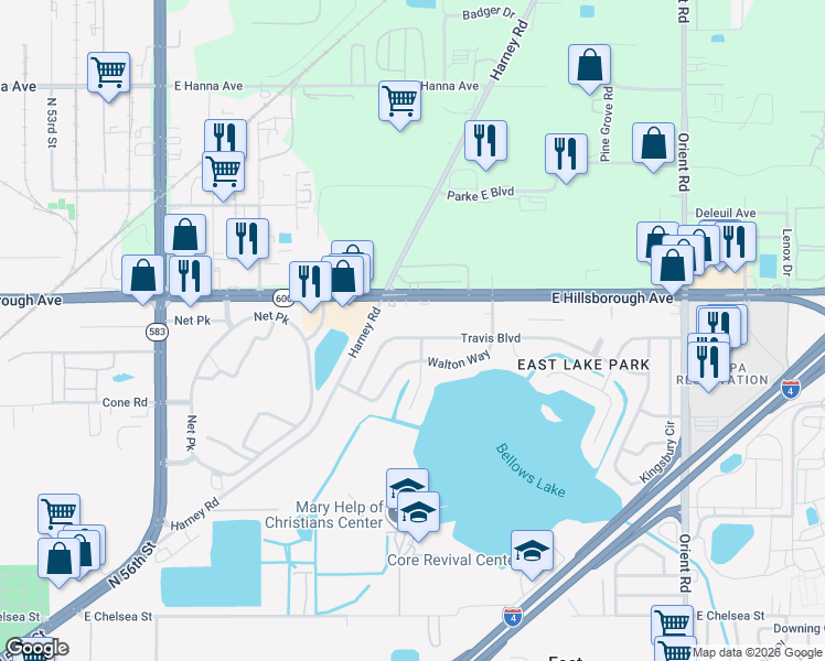 map of restaurants, bars, coffee shops, grocery stores, and more near 6230 Travis Boulevard in Tampa