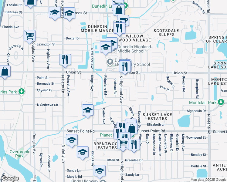 map of restaurants, bars, coffee shops, grocery stores, and more near 2017 Plateau Road in Clearwater