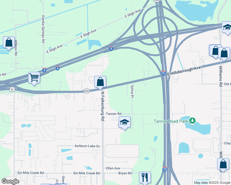 map of restaurants, bars, coffee shops, grocery stores, and more near 10135 East Us Highway 92 in Tampa