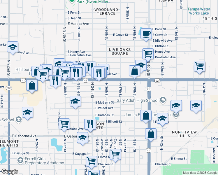 map of restaurants, bars, coffee shops, grocery stores, and more near 3507 East Frierson Avenue in Tampa