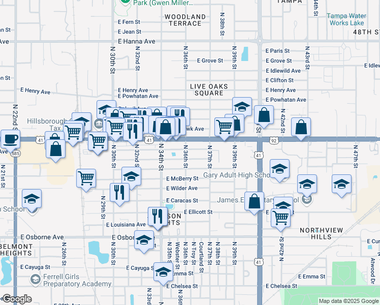 map of restaurants, bars, coffee shops, grocery stores, and more near 3507 East Frierson Avenue in Tampa