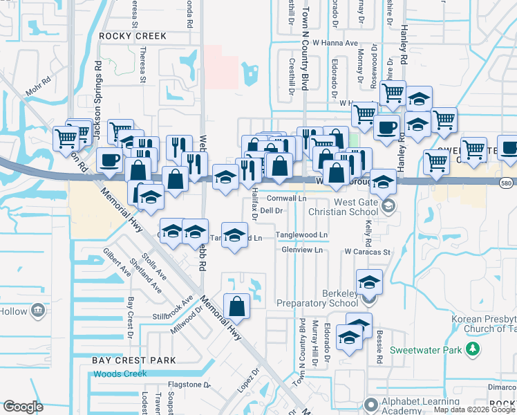 map of restaurants, bars, coffee shops, grocery stores, and more near 5124 Halifax Drive in Tampa