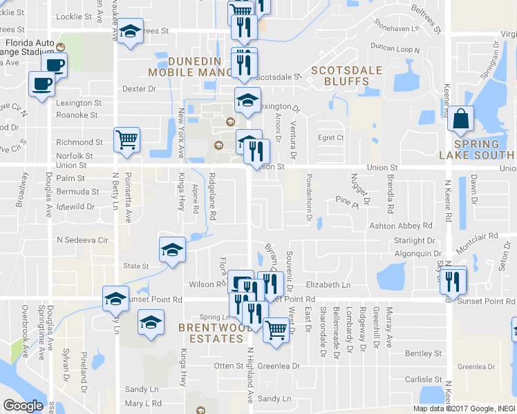 map of restaurants, bars, coffee shops, grocery stores, and more near 2019 Strathmill Drive in Clearwater