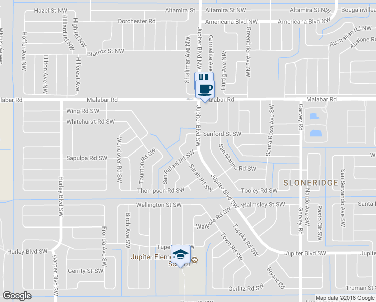 map of restaurants, bars, coffee shops, grocery stores, and more near 923 San Rafael Road Southwest in Palm Bay